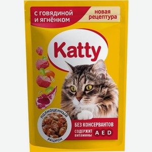 Корм влажный Katty с говядиной и ягненком в соусе для кошек 85г