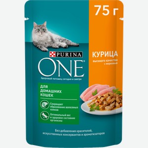 Влажный корм для кошек Purina ONE При домашнем образе жизни в соусе с курицей и морковью 75г