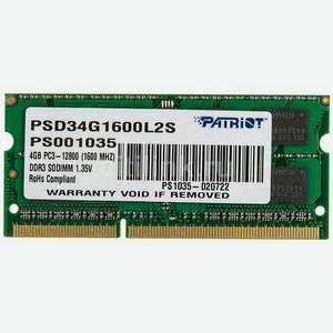 Оперативная память Patriot PSD34G1600L2S DDR3L - 4ГБ 1600, для ноутбуков (SO-DIMM), Ret