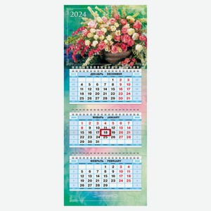 Календарь квартальный «Хатбер» Роскошный букет на 3-х гребнях 2024, 195х470 мм