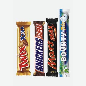 шоколадные батончики Сникер супер 80г, Марс макс 81г, Баунти Трио 82.ю5г, печенье Твикс Молочный 82г цена за 1 шт