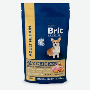 Сухой корм для взрослых собак Brit Premium Adult M курица, 3 кг