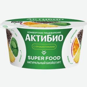 Биойогурт АктиБио Super Food с ананасом, маракуйей, шпинатом и семенами чиа 2.2%, 140 г