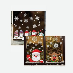 Наклейка на стекло  Пингвины / Дед Мороз и олененок  65*45см, 1шт