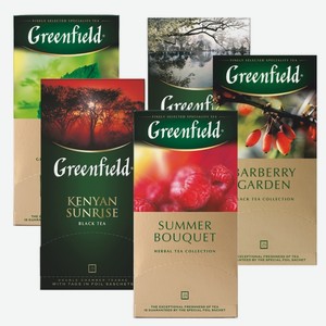 Чай «Greenfield»: Barberry Garden, Summer Bouquet, Kenyan Sunrise, Earl Grey, Green Melissa; 25 пакетиков