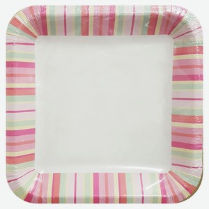 Тарелка одноразовая бумажная Квадрат 20х20 см розовые полоски, 6 шт