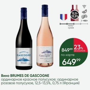 Вино BRUMES DE GASCOGNE ординарное красное полусухое; ординарное розовое полусухое, 12,5-13,5%, 0,75 л (Франция)
