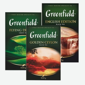 Чай «Greenfield»: «Golden Ceylon» черный, крупный лист; «English Edition» черный; «Flying Dragon» Китай, зеленый; 100 г