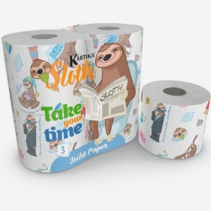 Туалетная бумага с рисунком World cart Ленивец 3 слоя 4 рулона по 280 листов