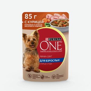 Влажный корм Purina ONE Мини Взрослая для собак мелких пород старше 1 года, с курицей, морковью и зеленой фасолью в подливе 85 г