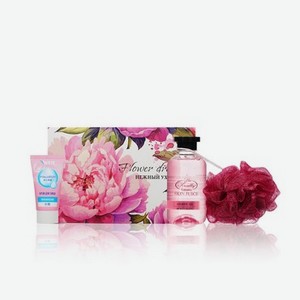 Женский подарочный набор Flower Dreams ( гель для душа Liss Kroully Skin Juice 270мл + крем для лица WEIS Hyaluron 50мл + мочалка для тела Aqua Joy )