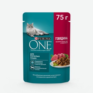 Влажный корм Purina ONE для взрослых кошек, с говядиной и морковью, пауч, 75г