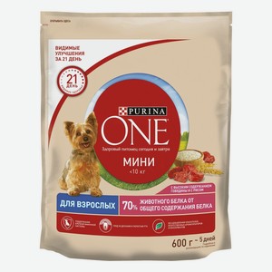 Корм для собак PURINA ONE Adult для активных мелких пород, с говядиной и рисом сух. 600г