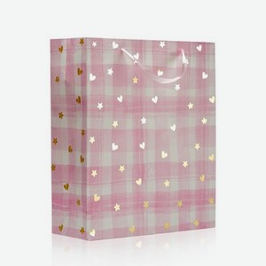 Пакет подарочный УРРА , Розовый с золотыми сердечками , 26*32*10см