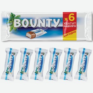 Bounty шоколадный батончик с нежной мякотью кокоса, пачка 6шт по 27,5г