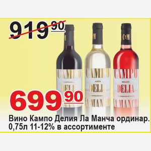 Вино Кампо Делия Ла Манча ордин. 0,75л 11-12% в ассортименте ИСПАНИЯ