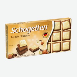 Шоколад Trilogia Schogetten молочный, белый с грильяжем и фундуком, с джандуей и фундуком 100 г