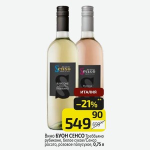 Вино БУОН СЕНСО Треббьяно рубиконе, белое сухое/Сенсо росато, розовое полусухое, 0,75 л