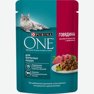Корм для взрослых кошек PURINA ONE Adult с говядиной и морковью в соусе сухой, Россия, 75 г