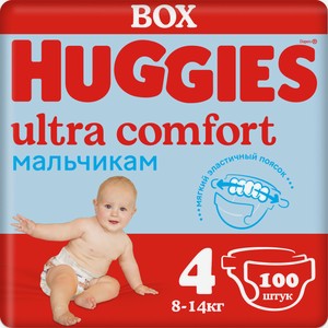 Подгузники Huggies Ultra Comfort для мальчиков 4 8-14кг, 100шт