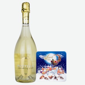 Безалкогольное Игристое Вино Bottega Белое 0,75 л и Конфеты Ameri в Новогодней Жестяной Коробке 500 гр