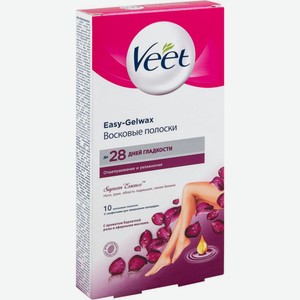Восковые полоски для депиляции ног и рук Veet Easy-Gelwax c ароматом бархатной розы и эфирными маслами, 10 шт.