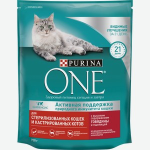 Корм для взрослых кошек PURINA ONE Sterilised д/стерилизованных с говядиной и пшеницей сухой, Россия, 750 г