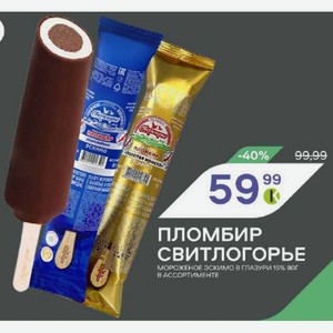 Пломбир Свитлогорье Мороженое Эскимо В Глазури 15% 80г В Ассортименте