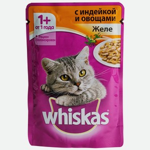 Корм для кошек влажный Whiskas, индейка с овощами, кусочки в желе, 85 г, пауч