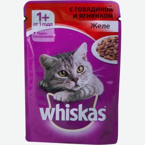 Корм для кошек Whiskas влажный с говядиной и ягненком в желе, 85 г