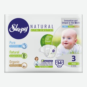 Подгузники Sleepy Natural Organic Baby Diaper Midi 4-9 кг, размер 3, 34 шт