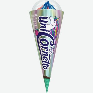 Мороженое Cornetto Единорог Молочное клубника-бабл-гам-черная смородина, рожок (Unilever)