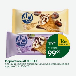 Мороженое 48 КОПЕЕК пломбир чёрная смородина; с кусочками миндаля в рожке 12%, 106-111 г
