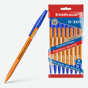 Ручка Erich Krause Orange шариковая R-301 синяя 0.7мм, 8шт Китай