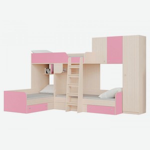 Двухъярусная кровать Трио Дуб Молочный / Розовый Правая