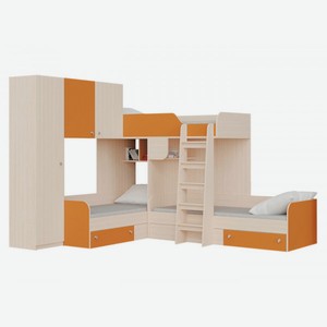 Двухъярусная кровать Трио Дуб Молочный / Оранжевый Левая