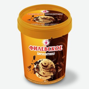 Мороженое Филевское Бисконтино пломбир с печеньем и шоколадным соусом, ведерко, 500 г