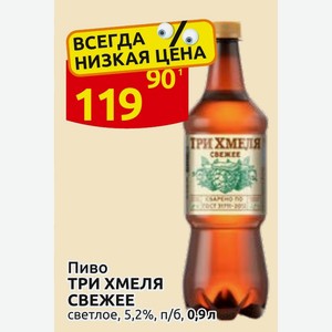 Пиво ТРИ ХМЕЛЯ СВЕЖЕЕ светлое, 5,2%, п/6, 0,9л