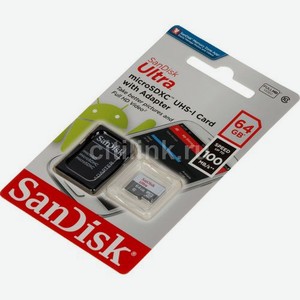 Карта памяти microsdxc UHS-I Sandisk Ultra 64 ГБ, 100 МБ/с, Class 10, SDSQUNR-064G-GN3MA, 1 шт., переходник SD