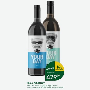 Вино YOUR DAY белое полусладкое; красное полусладкое 10,5%, 0,75 л (Испания)