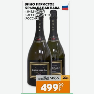 Вино игристое КРЫМ БАЛАКЛАВА 11,5-12,5% 0,75Л В АССОРТИМЕНТЕ (РОССИЯ)