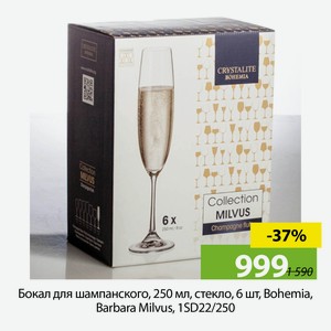 Бокал для шампанского, 250мл, стекло, 6шт, Bohemia, Barbara Milivus, 1SD22/250.