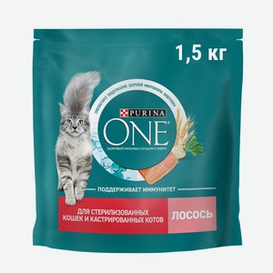 Корм сухой Purina One для стерилизованных кошек и кастрированных котов с лососем и пшеницей, 1.5кг Россия