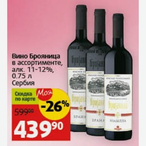 Вино Брояница в ассортименте, алк. 11-12%, 0.75 л Сербия