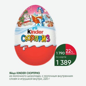 Яйцо KINDER СЮРПРИЗ из молочного шоколада, с молочным внутренним слоем и игрушкой внутри, 220 г