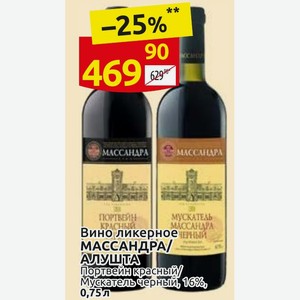 Вино ликерное МАССАНДРА/ АЛУШТА Портвейн красный Мускатель черный, 16% 0,75 л