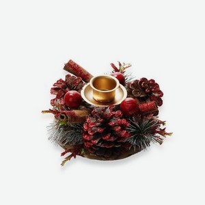 Подсвечник для тонкой свечи Artus Новый Год с шишками и красным декором