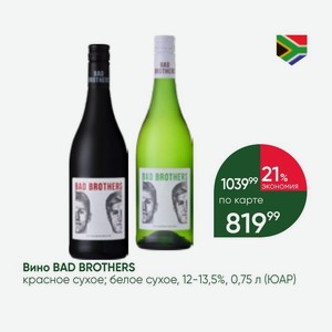 Вино BAD BROTHERS красное сухое; белое сухое, 12-13,5%, 0,75 л (ЮАР)