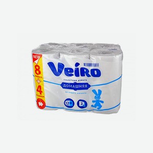 Туалетная бумага белая VEIRO Домашняя, 2-слойная, 8+4 шт