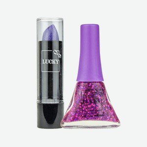 Набор декоративной косметики Lucky «Помада для губ и лак» фиолетовый с блестками